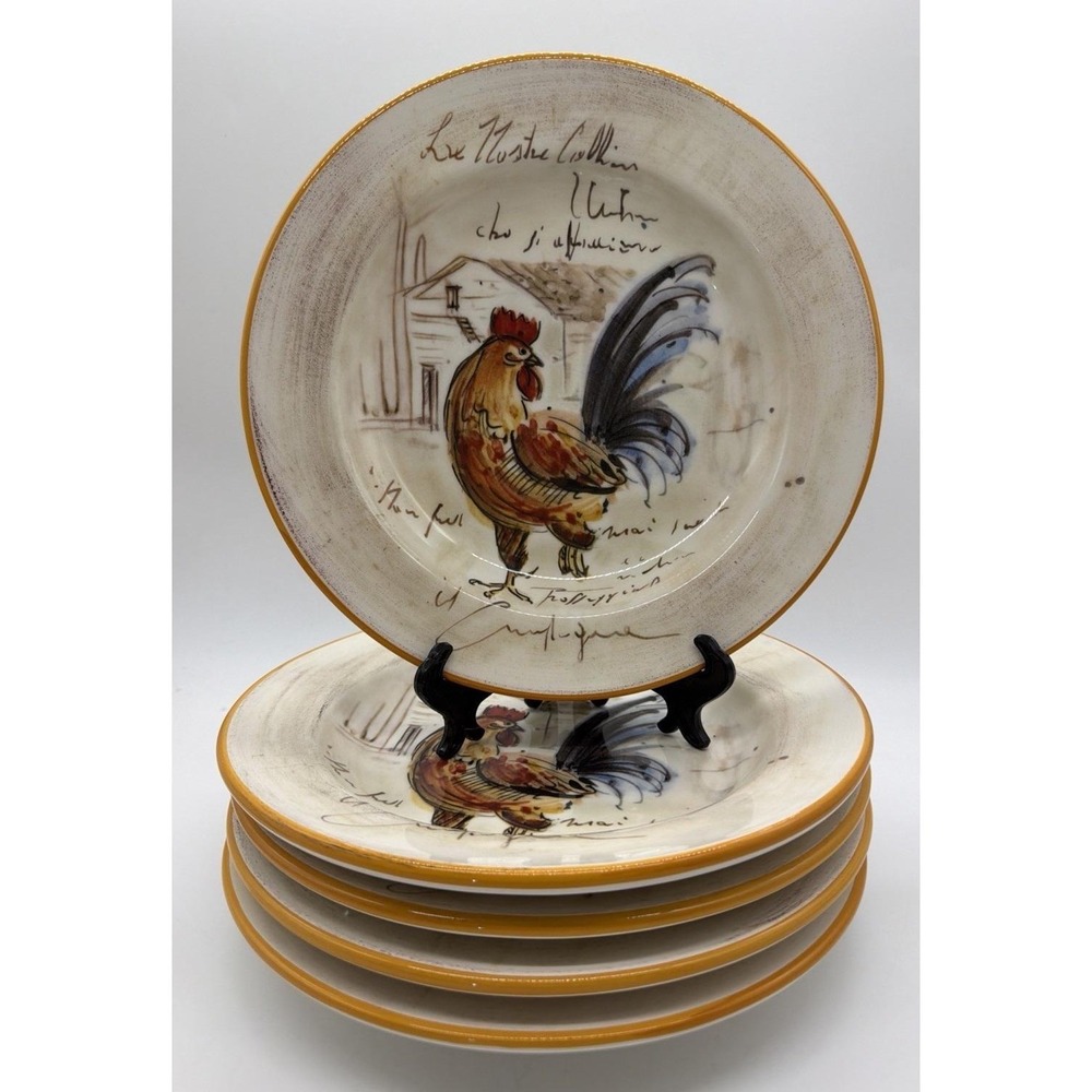 Artimino made In Italy Hand Painted Rooster Script 9.75 Salad Soup Bowl Set Of 5